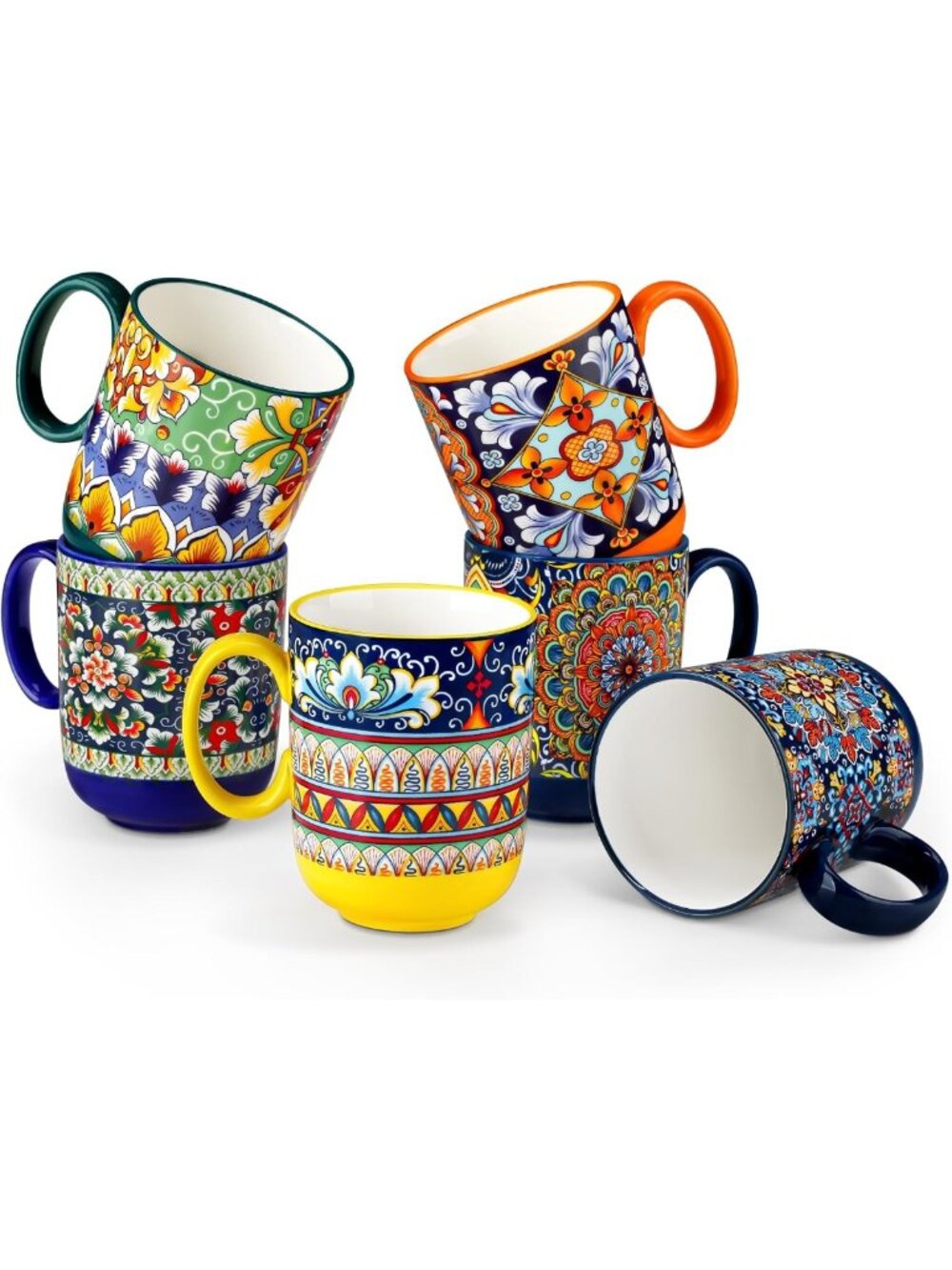 Colorful Boho Ceramic Coffee Mugs Set of 6, 14 oz, Dishwasher & Microwave Safe